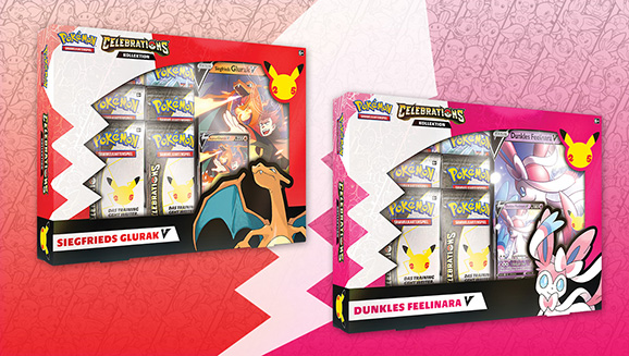 Pokémon-Sammelkartenspiel: Kollektion Celebrations: Siegfrieds Glurak-V und Kollektion Celebrations: Dunkles Feelinara-V