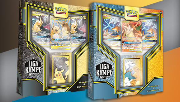 Liga-Kampfdecks <em>Pikachu & Zekrom-GX</em> und <em>Reshiram & Glurak-GX</em>