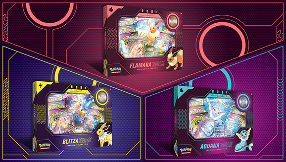Pokémon-Sammelkartenspiel: Premium-Kollektionen Aquana-VMAX, Blitza-VMAX und Flamara-VMAX