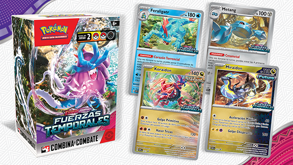 Consigue la caja de Combina y Combate de Escarlata y Púrpura-Fuerzas Temporales de JCC Pokémon de manera anticipada