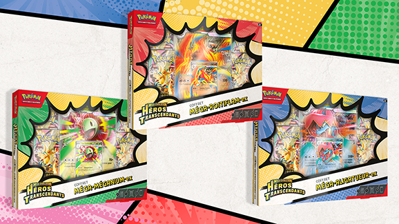 Coffrets <em>Méga-Évolution – Héros Transcendants</em> – Méga‑Méganium‑ex, Méga‑Roitiflam‑ex et Méga‑Aligatueur‑ex