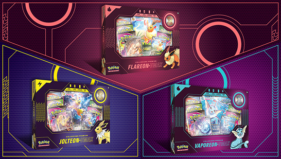 Collezioni premium Vaporeon-VMAX, Jolteon-VMAX e Flareon-VMAX