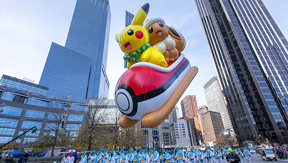 Pikachu & Eevee Soar Above the Streets of New York City