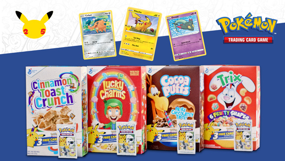 Three-card Pokémon TCG booster packs in General Mills Cereal Boxes