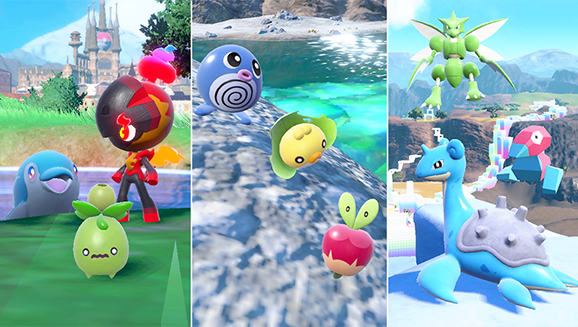 Fange rote, grüne und blaue Pokémon in massiven Aufläufen in Pokémon Karmesin und Pokémon Purpur